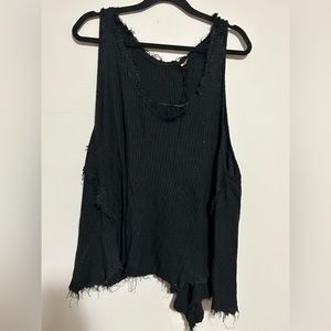 Free People Waffle Distressed Tank Top Black